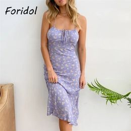 Foridol Floral Print Long Summer Dress Women Strap Maxi Purple Casual Boho Slip Beach Holiday Sleeveless 210415