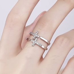 Double Jesus Cross Ring Band Finger Diamond Open Adjustable Cuff Hollow Stacking Rings chunky Women Couple loop Fashion Jewelry Gift Will and Sandy