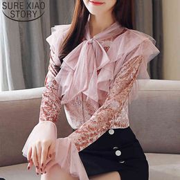 Autumn Casual Lace Blouses Long Sleeve Bow Ruffles Spliced Clothing Elegant Mesh Fashion Women Tops 5580 50 210415
