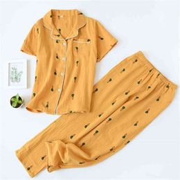 Korean sweet Fresh sleepwear women 100% crepe cotton short sleeve trousers pyjamas Japanese Pyjamas sets women summer New 116 210330