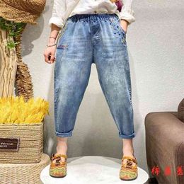 Spring Arts Style Women Elastic Waist Loose Ankle-length Jeans Pants Vintage Embroidery Cotton Denim Harem V294 210512