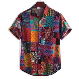 Men Colourful Loose Button Shirts Summer Short Sleeve Retro Tops Fashion Casual Hawaiian Blouse Streetwear Camisas