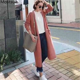 Winter Korean Thicken Knitted Women Long Cardigans Tops Sleeve V-neck Pockets Sweaters Casual Fashion Ladies 210513