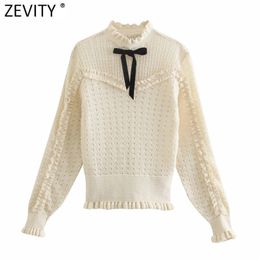 Women Sweet Ruffles Lace Patchwork Hollow Out Crochet Knitting Sweater Female Chic Long Sleeve Casual Pullover Tops SW704 210416