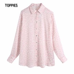 Toppies Fashion Pink Leopard Shirts Casual Loose Oversize Tops Woman Long Sleeve Silk Shirts 210412