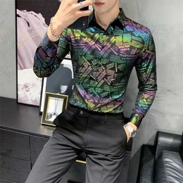 Autumn Letter Printed Shirt Men Korean Slim Long-sleeved Shirt Streetwear Social Night Club Shirt Camisas Para Hombre 210527