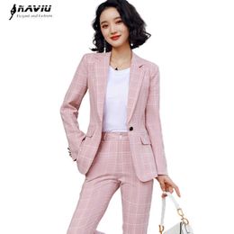 Naviu High-Quality 2 Piece Set Plaid Pant Suit Geometric Long Sleeve Blazer Office Lady Casual Design Jacket and 210604
