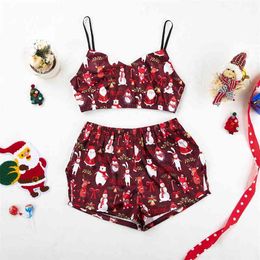 HiLoc Cartoon Pattern Christmas Pajamas Women Sleepwear Satin Two Piece Set Sexy Langerie V Neck Camis Split Shorts Home Suit 210330