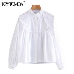 Women Fashion With Ruffle Trim Embroidery Blouses High Collar Lantern Sleeve Female Shirts Chic Tops 210420