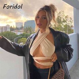 Foridol Self-tie Crop Tops Women Sexy Lace Up Party Club Halter Tank Top Camis New Summer White Top Women Clothing 210415