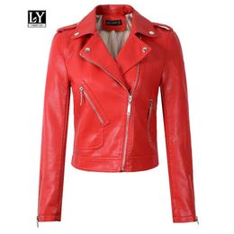 Ly Varey Lin Autumn Faux Soft Leather Jackets Women Motorcycle Zipper Black Punk Rivet Pu Female Red Jacket Outwear 210526