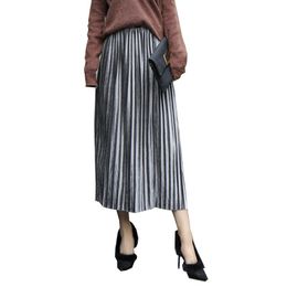 Skirts U-SWEAR Autumn Casual Pleated Skirt Long Women Soft Gold Velvet High Waist Elastic Maxi Midi Faldas Mujer Moda 2021