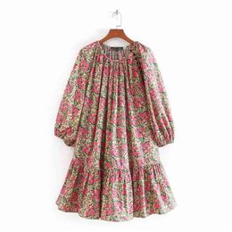 Women elegant o neck floral print casual loose mini dress female three quarter sleeve vestidos chic hem ruffles Dresses DS3409 210331