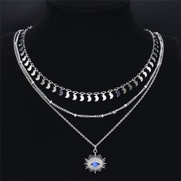 3PCS Boho Eye Blue Opal Stainless Steel Charm Necklace for Women Silver Colour Layered Chain Necklace Jewellery collier NXS04