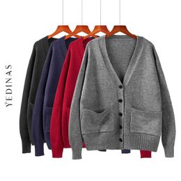 Yedinas Solid Knitted Cardigan Women Autumn Winter Long Sleeve Basic V Neck Cashmere Sweater Mujer Korean 210527