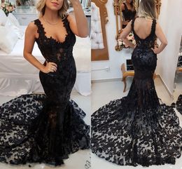 2022 Sparkly Black Lace Evening Dresses Elegant Formal Women Spaghetti Applique Straps Beaded Open Back Trumpet Mermaid Prom Dress Party Womens