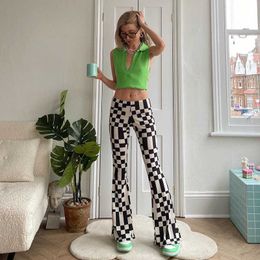 Plaid Vintage Flared Pants Women Elegant Chequered High Waist Long Trousers Ladies Casual Black White Joggers Summer Q0801