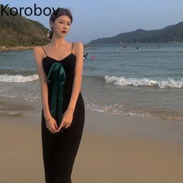 Korobov Summer New Women Knitted Dress Vintage Elegant Spaghetti Strap Dresses Korean Beach Style Bow Vacation Vestidos 210430