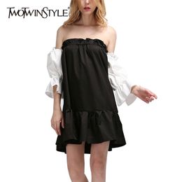 Backless Patchwork Dress For Women Slash Neck Long Sleeve Elegant Mini Dresses Female Fashion Clothing Summer 210520