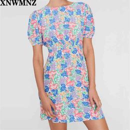 Women Summer Sweet Oil Panting Flower mini Dress High Waist Puff Sleeve Pullover Pleat Dresses Woman Clothing 210520