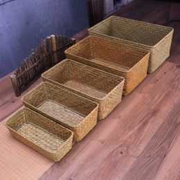 Natural Large woven seagrass Basket of Straw Wicker For home table Fruit Bread Towels Small Kitchen Storage Container set 210609