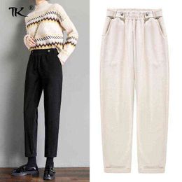 Women's Elastic High Waist Harem Pants Wide Leg Wool Trousers Slim Basic Female Solid Pant Thick Casual Autumn Winter 211124