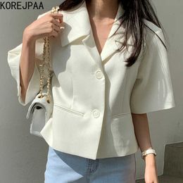 Korejpaa Women Jacket Summer Ladies Temperament Lapel Two Button Loose Solid Colour All-Match Casual Short-Sleeved Suit Coat 210526