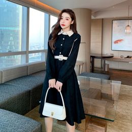 Spring Autumn Korean Women Casual Peter pan Collar Long Sleeve Office Lady Slim Single Breasted A Line Midi Dress With Belt 210514