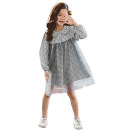 Dress For Girls Patchwork Mesh Party Long Sleeve Child Plaid Spring Autumn England Clothes Christmas 210528