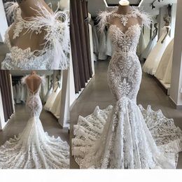 Luxury Lace Mermaid Wedding Dresses Bridal Gown with Feather Beaded Sequins Sweep Train Backless Sleeveless Custom Made vestidos de noiva