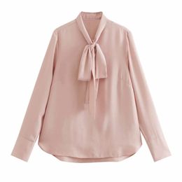 Spring Women Stand Collar Lace Up Bow Tie Solid Shirt Smock Female Long Sleeve Blouse Office Lady Loose Tops Blusas S8627 210430