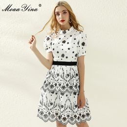 Fashion Designer Dress Summer Women Stand collar Short sleeve Flowers Hollow Out Embroidery Cascading Ruffle 210524
