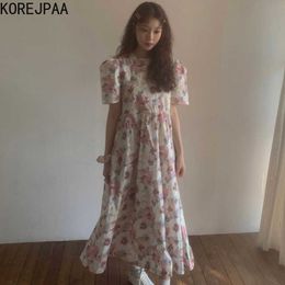 Korejpaa Women Dress Summer Korean Chic Ladies Sweet Gentle Flower Round Neck Pleated Loose Casual Puff Sleeve Vestidos 210526