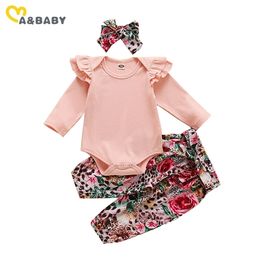 0-18M Autumn Spring Baby Girl Clothes Set born Infant Floral Clothing Knitted Romper Flower Pants Outfits 210515