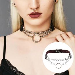 Punk Choker Necklace Fashion PU Leather Round Ring Pendant Collar Women Gothic Neck Clavicle Chain Silver Adjustable Chokers
