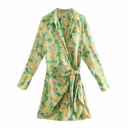 Summer Women Flower Print Lace Up Bow Mini Wrap Dress Female Nine Quarter Sleeve Clothes Casual Lady Loose Vestido D7730 210430