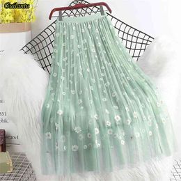 Guilantu Summer Print Floral Tulle Long Skirt Women Fashion High Waist Vintage Mesh Pleated Length Skirts Casual Elastic Waist 210412