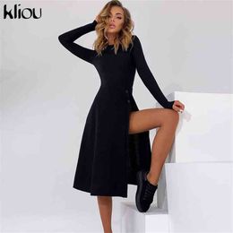 Kliou Solid Knitted Maxi Dress Women Unique Classy Early Autumn Sexy Button Side Slit Skirt Elegant Long Sleeve High Street Wear Y1204