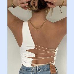 Women Sexy Hollow Out Bandage Tank Top Solid Soft Knitted Fabric Summer 2020 Female Vest Crop Tops Basic Slim Girl club camis Y0622