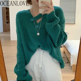 Women Sweaters Solid V Neck Loose Retro Korean Pullover Autumn Winter Clothes Sweet Button Pull Femme Hiver 18951 210415