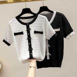 Oversized O Neck Short Sleeve Crop Tops Women Summer Korean Sweet Style Patchwork Bow Slim Lady White Knitted Pullovers 210604