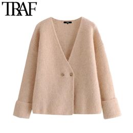 TRAF Women Fashion Crossover Button Wool Knitted Cardigan Sweater Vintage V Neck Long Sleeve Female Outerwear Chic Tops 210415