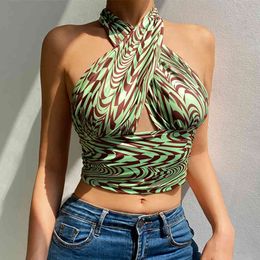 Paisley Printed Y2k Halter Crop Tops For Girls Hollow Out Sexy Women Summer Backless Striped Party Shirt Tee Tank Beachwear 210415