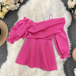 Ladies Sexy Off Shoulder Mini Length Birthday Party Rose Red Dress with Puff Sleeve Spaghetti Strap Club Wear Dresses Plus Size 210527