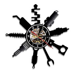 Garage Wall Clock Pimp Repairing Tool Vinyl Record Wall Clock Car Service Car Wheel Wall Watch Home Decor Repairman Gift 210401