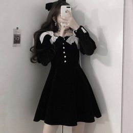 Casual Dresses Japanese Harajuku Vintage Gothic Punk Style Women Dress Spring 2021 Black Regular Square Collar Bow Corduroy