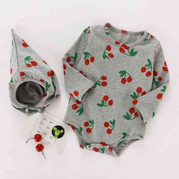 Spring Autumn born Baby Boys Girls Cherry Printing Long Sleeve Rompers And Hat Clothes Toddler Jumpsuits 210429