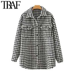 TRAF Women Fashion Oversized Houndstooth Frayed Tweed Jacket Coat Vintage Long Sleeve Pockets Female Outerwear Chic Top 220105