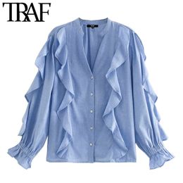 TRAF Women Fashion With Ruffle Trims Loose Blouses Vintage Long Sleeve Button-up Female Shirts Blusas Chic Tops 210415
