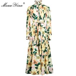Fashion Designer Dress Summer Women's dress Long sleeve Camellia Floral Print lace-up Vacation Dresses 210524